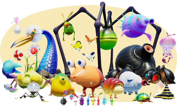 Creatures from the world of Pikmin posed as a group. The Pikmin lined up at the front are dwarfed by larger creatures towards the back.